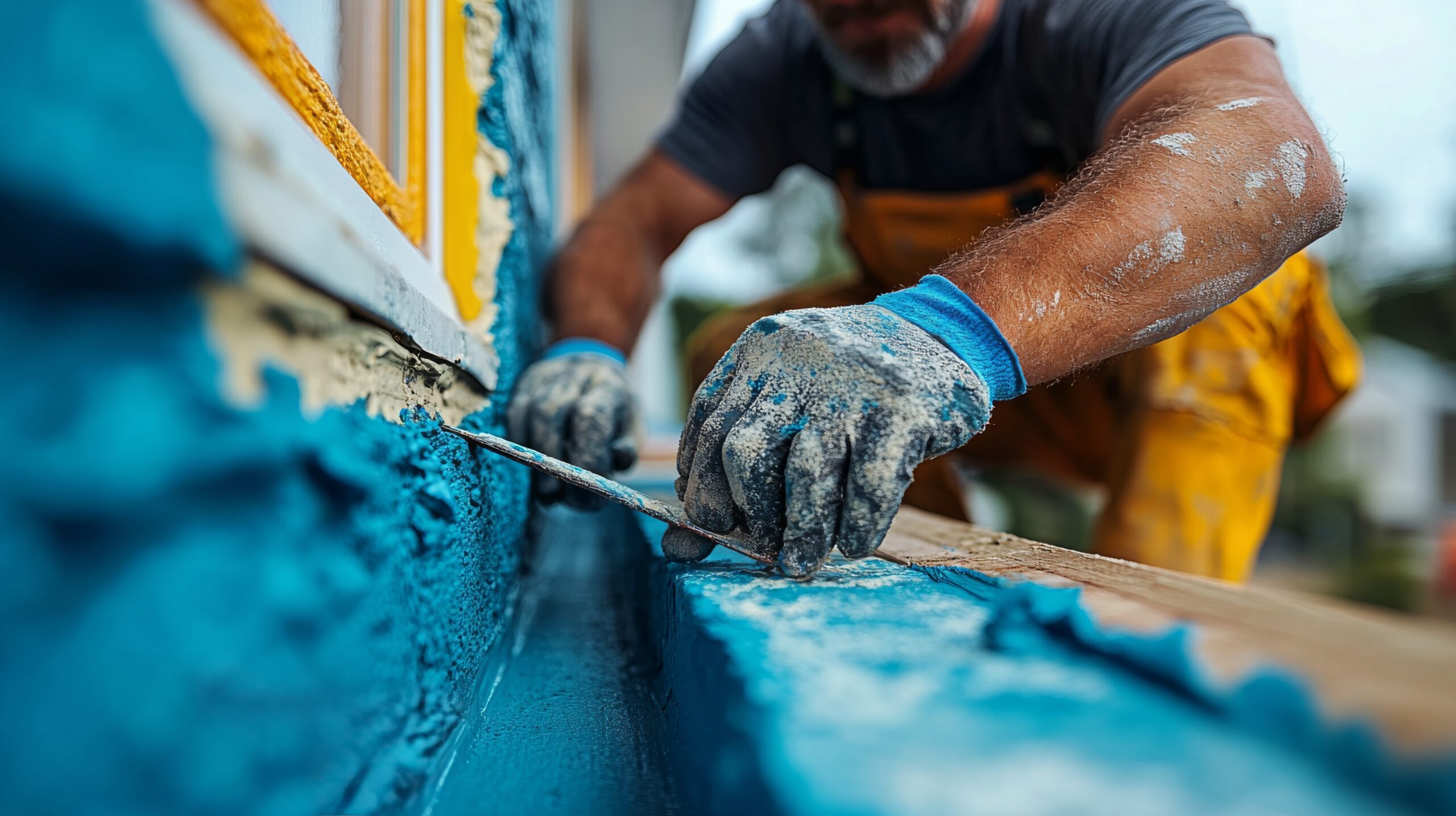 Hand applying yellow sealant to wooden surface for weatherproofing at construction site